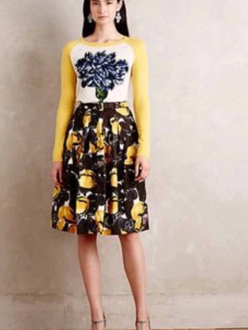 Anthropologie Samantha Sung Peony Briar Yellow and Black Floral Skirt Women’s 6